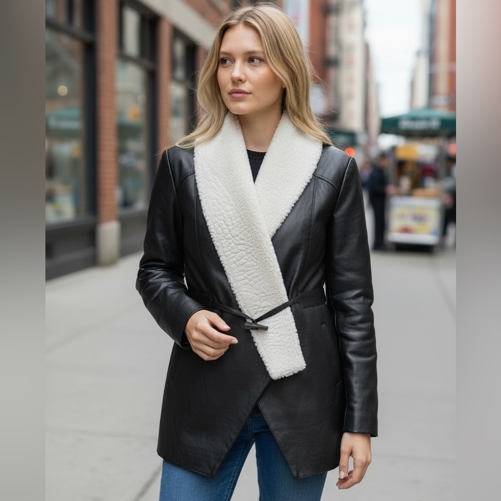 SAM ELDERMAN BLACK FAUX LEATHER SHERPA LINED WRAP MOTO COAT JACKET SIZE SM NWT